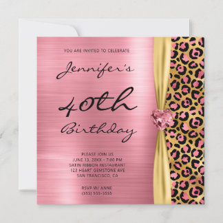 Rosa Gold Leopard Foil Gem Ribbon 40. Geburtstag Einladung