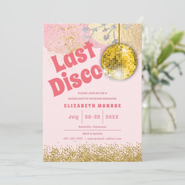 Rosa Gold Letzte Disco Retro Glam Bachelorette Einladung (Stehend Vorderseite)