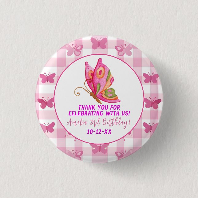 Rosa Gold lila Schmetterlingsfrau Geburtstag Button (Vorderseite)