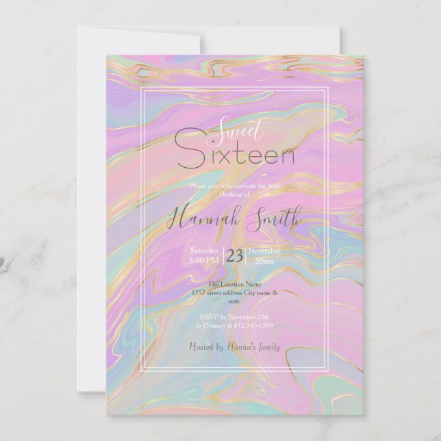 Rosa Gold Liquid Swirl Rainbow Marmor Einladung (Vorderseite)