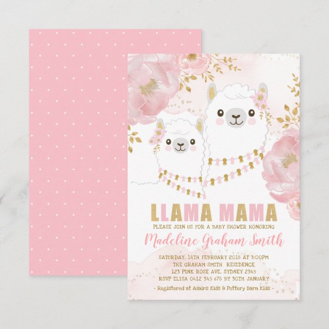 Rosa Gold Llama Girl Babydusche Blush Blush Floral Einladung (Vorne/Hinten)