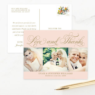 Rosa Gold Love and Thanks Hochzeitsfoto Postkarte