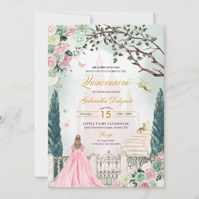 Rosa Gold Märchen Verzauberter Garten Quinceanera Einladung (Vorderseite)
