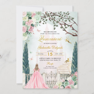 Rosa Gold Märchen Verzauberter Garten Quinceanera Einladung