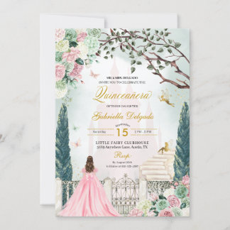Rosa Gold Märchen Verzauberter Garten Quinceanera Einladung