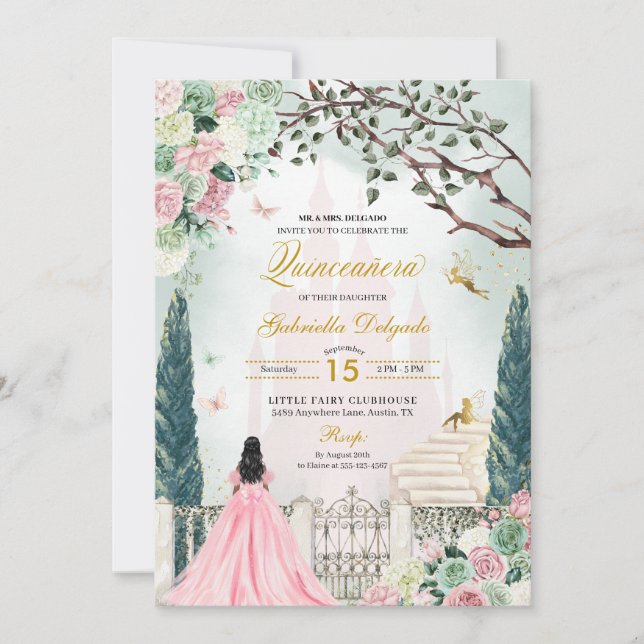 Rosa Gold Märchen Verzauberter Garten Quinceanera Einladung (Vorderseite)