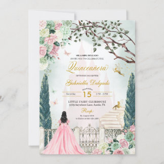 Rosa Gold Märchen Verzauberter Garten Quinceanera Einladung