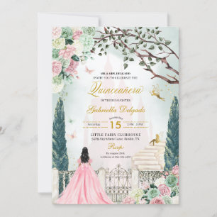 Rosa Gold Märchen Verzauberter Garten Quinceanera Einladung