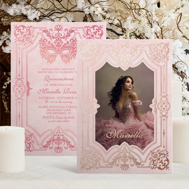 Rosa Gold Masquerade Foto Quinceanera Folieneinladung (Von Creator hochgeladen)