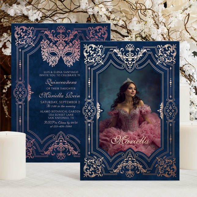 Rosa Gold Masquerade Foto Quinceanera Folieneinladung (Von Creator hochgeladen)