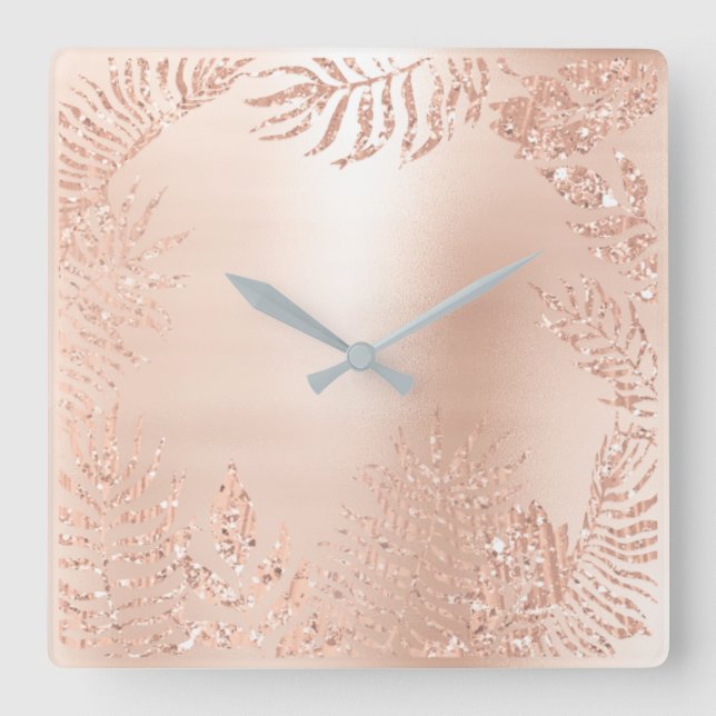 Rosa Gold Metallic Palm Botanischer Metallic Quadratische Wanduhr (Vorderseite)