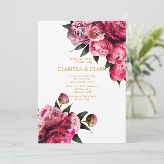 Rosa & Gold mit romantischen Hochzeiten von Peonie Einladung (Stehend Vorderseite)
