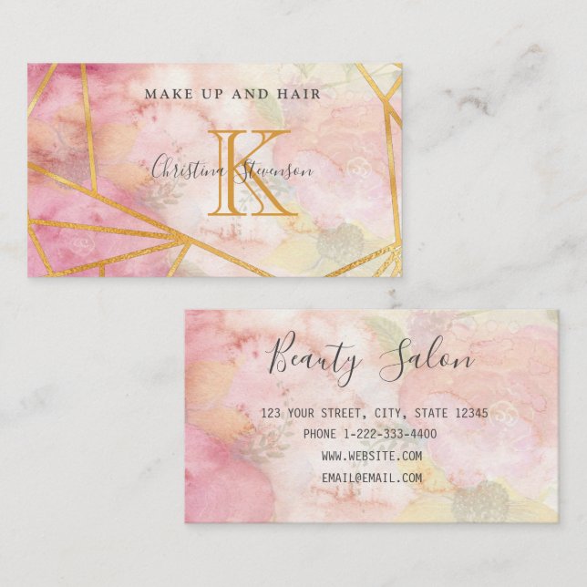 Rosa Gold Monogram Floral Makeup Artist Friseur Sa Visitenkarte (Vorne/Hinten)