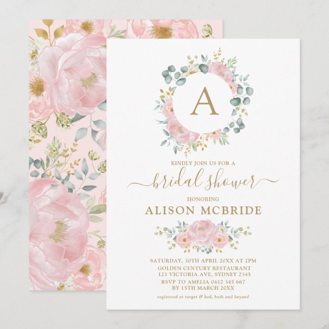 Rosa Gold Monogram Watercolor Blume Brautparty Einladung (Vorne/Hinten)