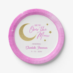 Rosa Gold Moon & Stars über der Mond Babydusche Pappteller