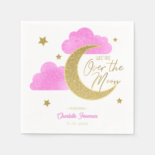 Rosa Gold Moon & Stars über der Mond Babydusche Serviette (Vorderseite)