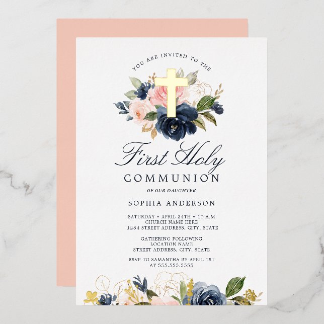 Rosa Gold Navy Blumenmädchen Erste Kommune Folieneinladung (Vorderseite/Rückseite)