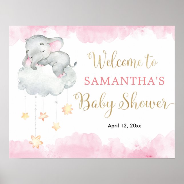 Rosa Gold niedlicher Elefant Babydusche Begrüßungs Poster (Vorne)
