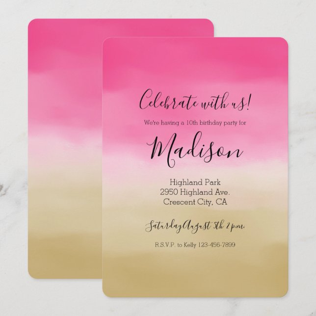 Rosa Gold Ombre Wasserfarbe Einladung (Vorne/Hinten)