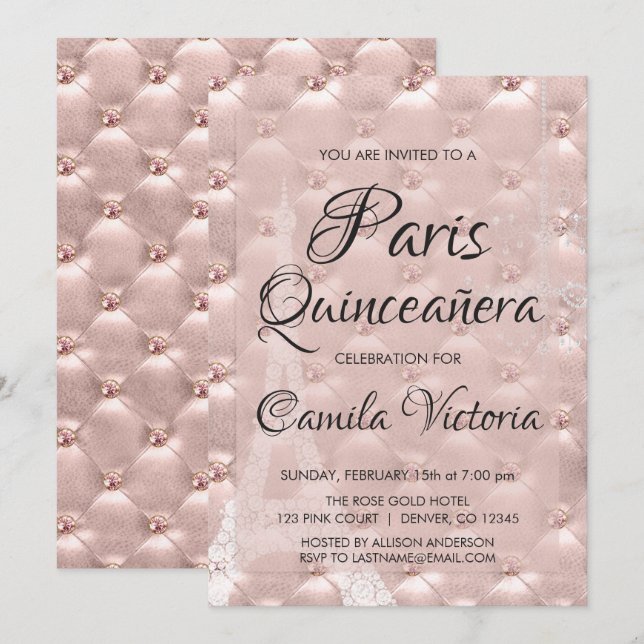 Rosa Gold Paris Quinceñera Celebration Einladung (Vorne/Hinten)