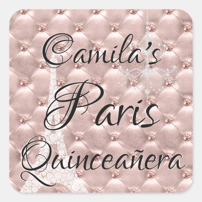 Rosa Gold Paris Quinceñera Celebration Quadratischer Aufkleber (Vorderseite)