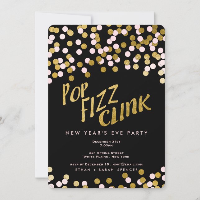Rosa| Gold Pop Fizz Clink Neujahrsfest Einladung (Vorderseite)
