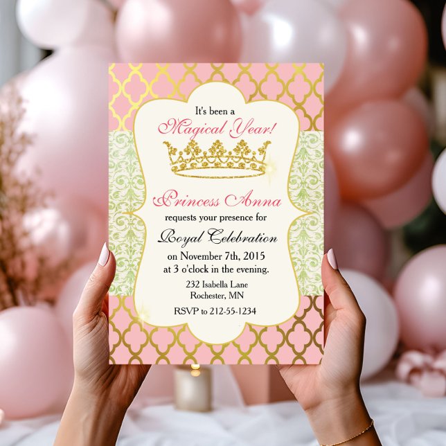 Rosa & Gold Princess Girl zum Geburtstag Einladung (Von Creator hochgeladen)