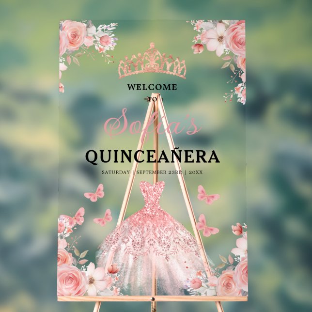 Rosa Gold Prinzessin Quinceañera Willkommen Acrylschild (Neutral)