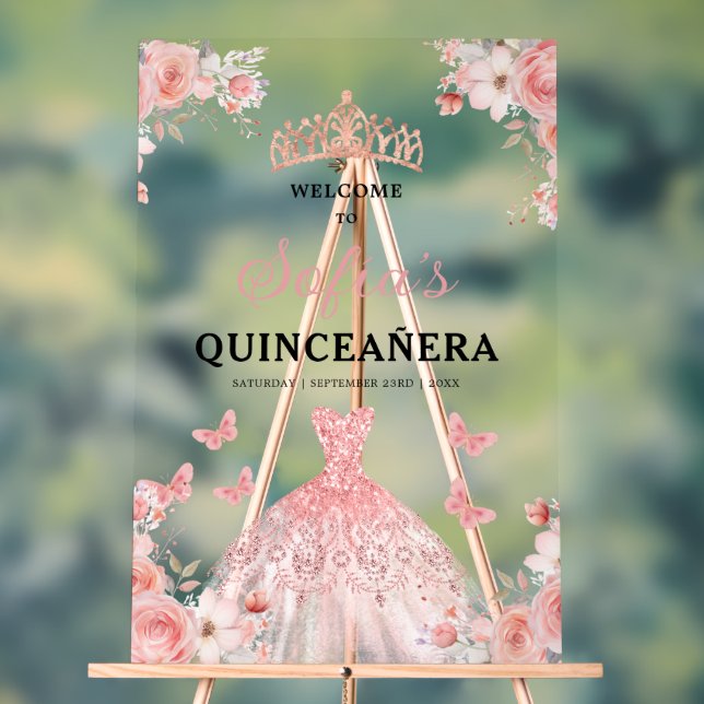Rosa Gold Prinzessin Quinceañera Willkommen Acrylschild (Neutral)