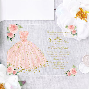Rosa Gold Prinzessinnen Kleid Floral Quinceañera Acryleinladungen