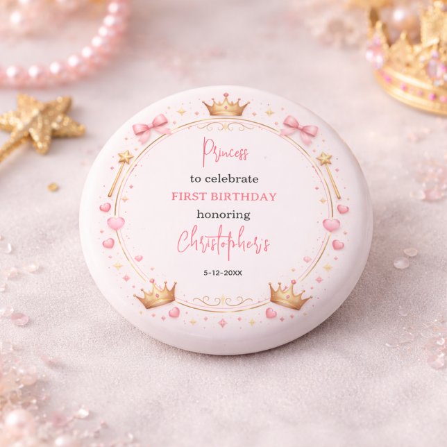 Rosa Gold Prinzessinnen Krone Märchen 1. Geburtsta Button (Pink Gold Princess Crown Fairytale 1st Birthday Button
)