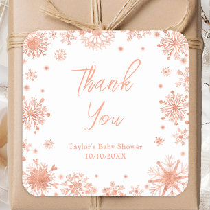 Rosa Gold Schneeflocken Baby Shower Danke Quadratischer Aufkleber