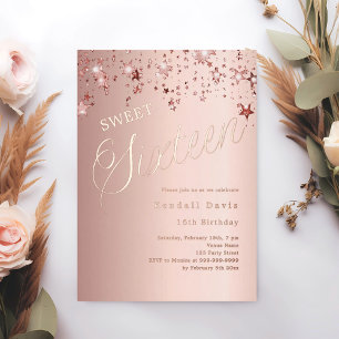Rosa Gold Schriftstern moderner Sweet 16 Folieneinladung
