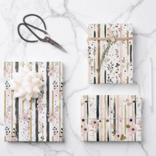 Rosa Gold Schwarz Blumen Streifen Ihr Geburtstag Geschenkpapier Set