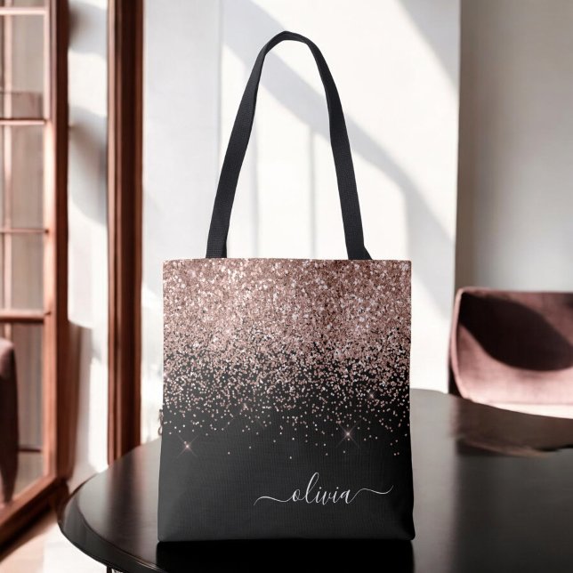 Rosa Gold Schwarz Glitzer Monogramm Name Tasche (Von Creator hochgeladen)