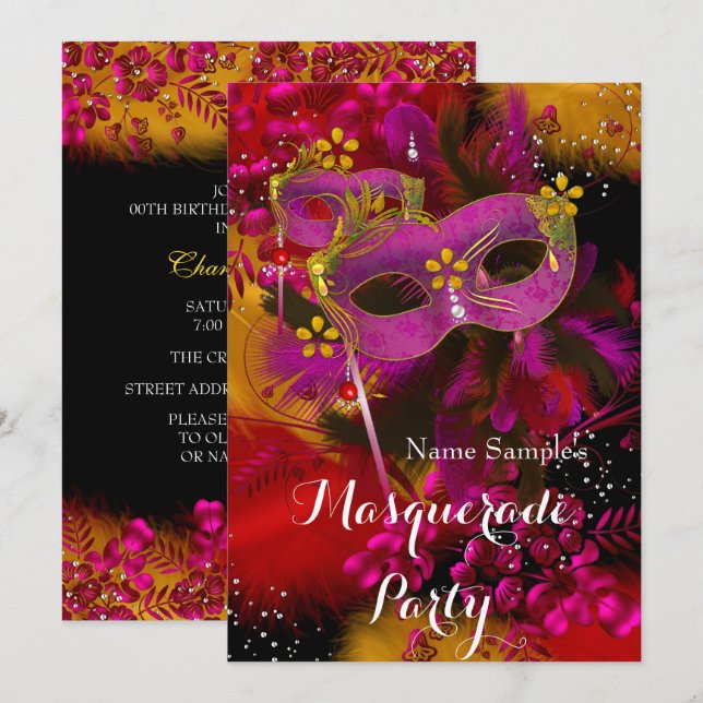 Rosa Gold Schwarze Blütenmasquerade Geburtstagspar Einladung (Vorne/Hinten)