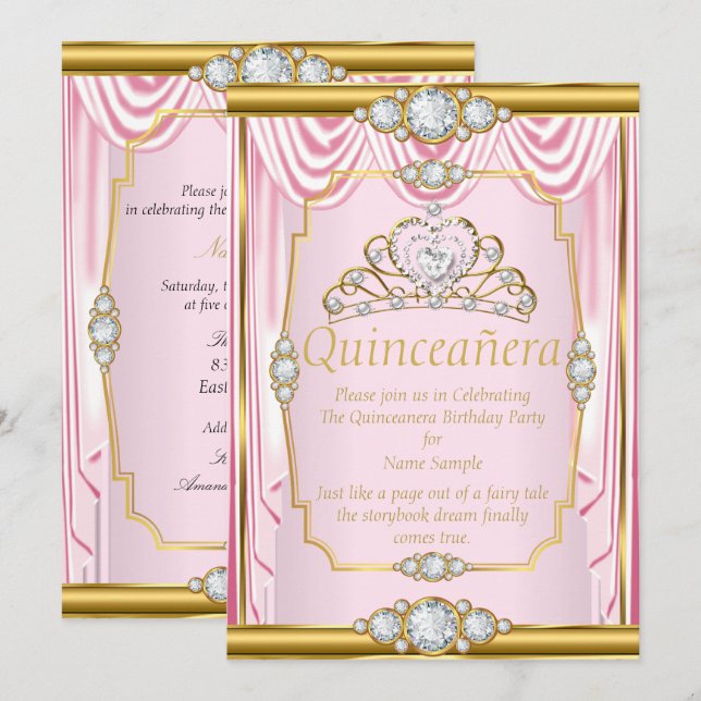 Rosa Gold Seidenprinzessin Quinceanera Blush Einla Einladung (Vorne/Hinten)