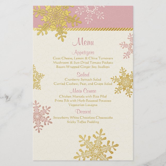 Rosa Gold Snowflakes Winter Wedding Menu Card (Vorderseite)
