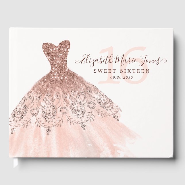 Rosa Gold Sparkle Glitzer Kleid 16. Geburtstag Gästebuch (Vorderseite)
