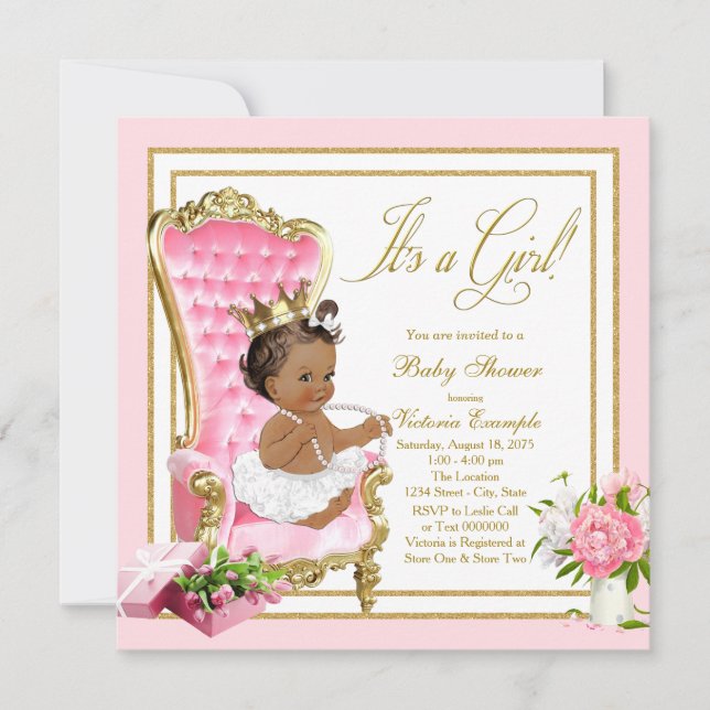 Rosa Gold Stuhl Ethnic Princess Pearl Baby Dusche Einladung (Vorderseite)