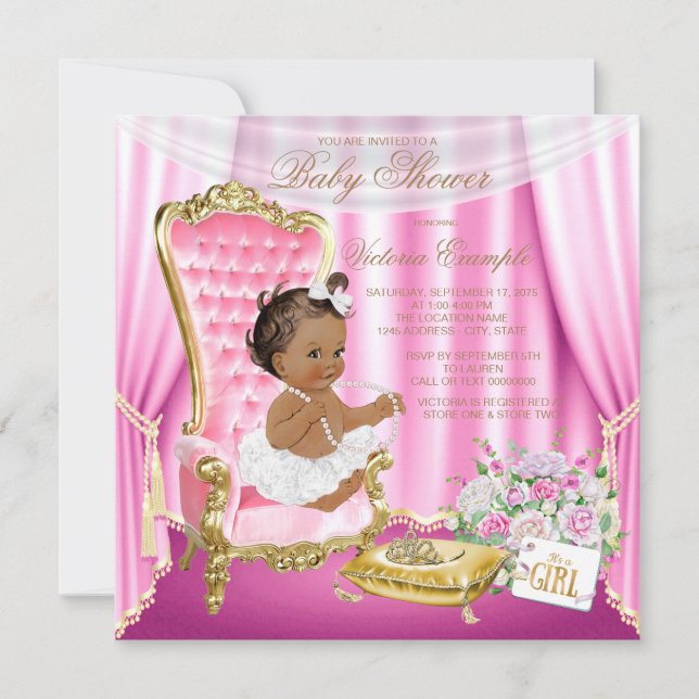 Rosa Gold Stuhl Ethnic Princess Pearl Baby Dusche Einladung (Vorderseite)