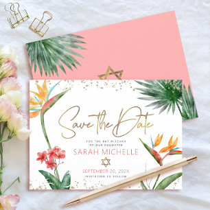 Rosa Gold Tropische Bat Mitzwa Florale Palme Moder Save The Date