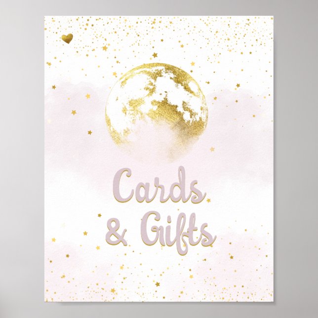 Rosa Gold über dem Mond und Sternen Baby Duschzeic Poster (Vorne)
