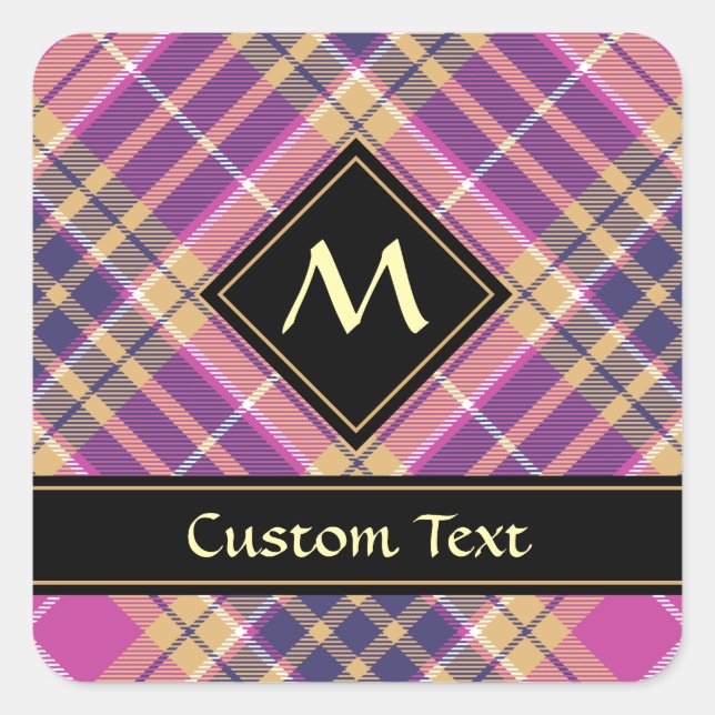 Rosa, Gold und Blauer Tartan Quadratischer Aufkleber (Vorderseite)