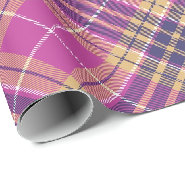 Rosa, Gold und Blauer Tartan Rotiert Geschenkpapier (Rolleneckpunkt)