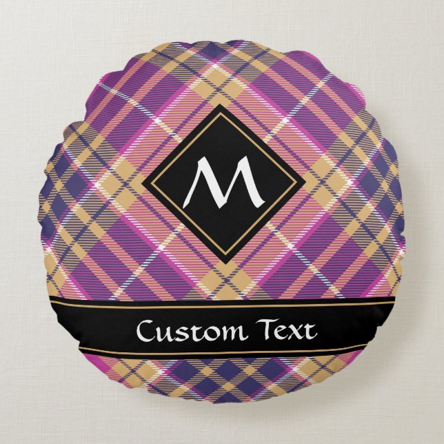 Rosa, Gold und Blauer Tartan Rundes Kissen (Vorderseite)
