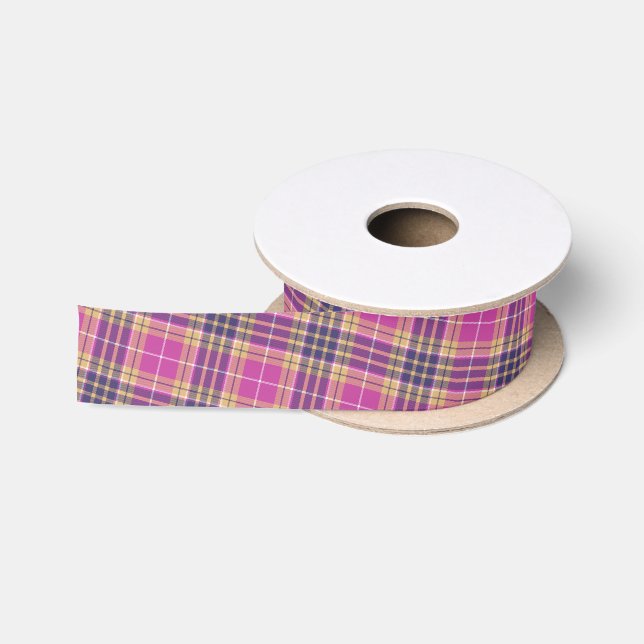 Rosa, Gold und Blauer Tartan Satinband (Spule)