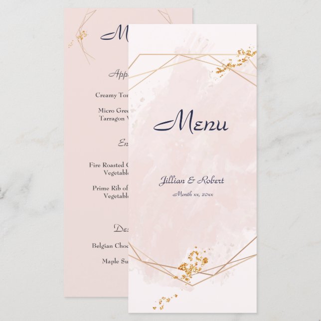 Rosa, Gold und Marine, Hochzeit Menükarte (Vorne/Hinten)