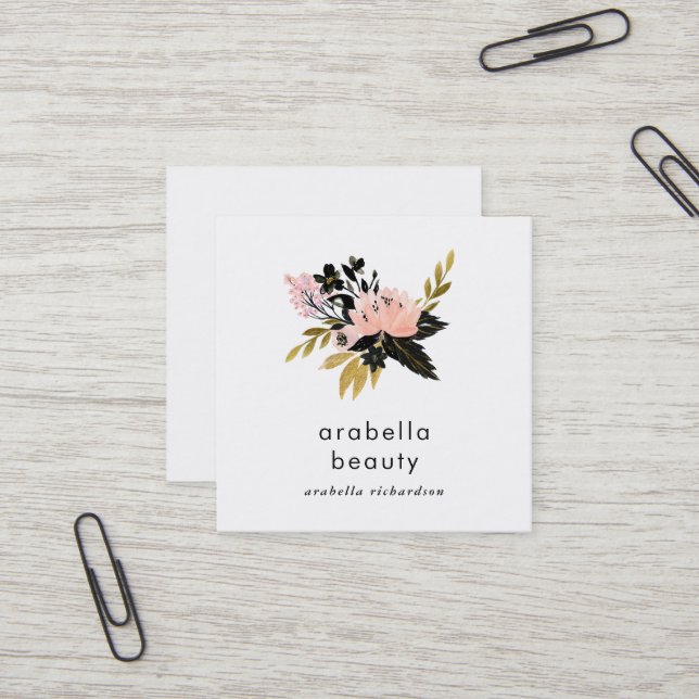 Rosa Gold und schwarze Blumen| Quadratische Visitenkarte (Vorderseite/Rückseite Beispiel)