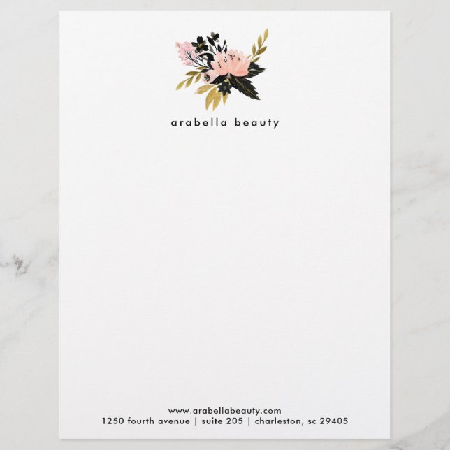 Rosa Gold und schwarzes Aquarell mit Blumen Briefkopf (Vorderseite)